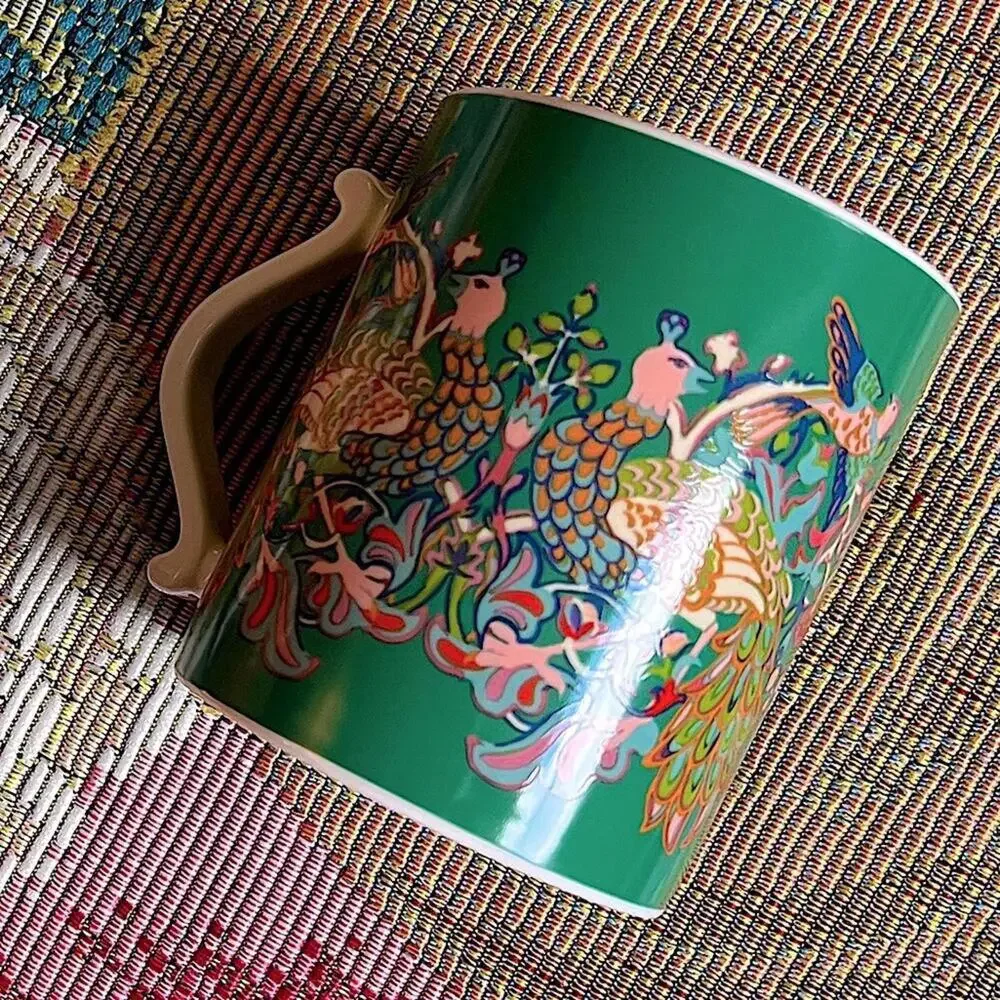 2 WILLIAM MORRIS Coffee Mugs Peacock Floral Cups Red Green Pink Bird Ornate